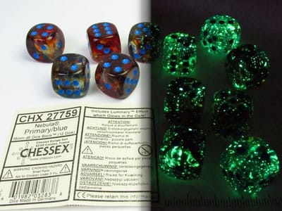Chessex Nevel primair/blauw Luminary D6 16mm Dobbelsteenset (12 stuks)