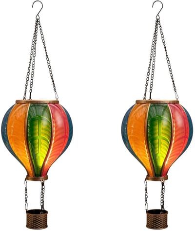 Anna's Collection Solar luchtballon lantaarn - 2x - multi - hangend - 20 led lampjes - vlam effect - 14 x 45 cm - zonne-energie - tuinverlichting