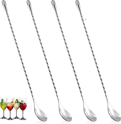 Stainless Steel Cocktail Mixing Spoon Set - 4 Stuks Lange Barlepel voor Martinis, Koffie en Shaken Cocktails