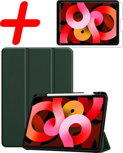 Hoesje Geschikt voor Apple iPad Air 5 (2022) - 10.9 inch - 5e Generatie - M1 - Met Screenprotector - Trifold Bookcase - Hard Cover Case - Met Uitsparing Geschikt voor Apple Pencil - Hardcover Book - Tablet Hoes - Donkergroen