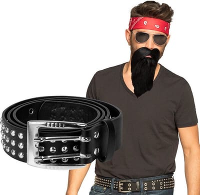 Boland Verkleed setje Biker/Rocker - Heren - Bandana rood / riem met studs / baardje met snor