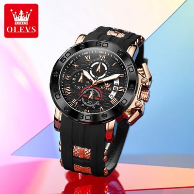 HO-9986.zw-g : OLEVS BRUUT edelstalen quartz horloge, goudkl kast, zwart siliconenband & wijzerplaat, kalenderdag, seconden, minuten, 10de seconden - aanduiding