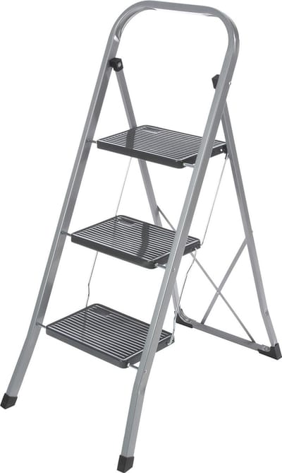 Trap ladder 3 treden inklapbaar - metalen vouwtrap met beugel - grote treden klaptrap - tot 150 kg - zilverkleurig/zwart.