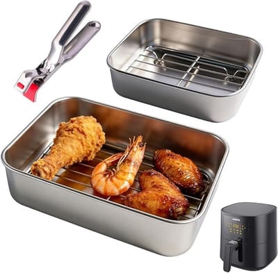 Roestvrijstalen ovenschaal set voor airfryer - 2-delige accessoireset met deksels en roosters