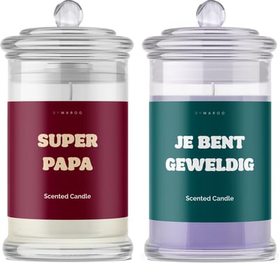 Kaarsen geschenkset Vader - Super Papa Je Bent Geweldig - Grappige Cotton & Lavendel Geurkaarsen in Glas met Tekst - Verjaardag Cadeau Man, Vader - Geschenkset - Happy Birthday - Cadeautje voor Hem Volwassenen