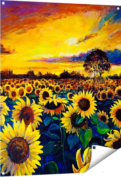 Gards Tuinposter Getekende Zonnebloemen Veld met Olieverf - 80x100 cm - Tuindoek - Tuindecoratie - Wanddecoratie buiten - Tuinschilderij