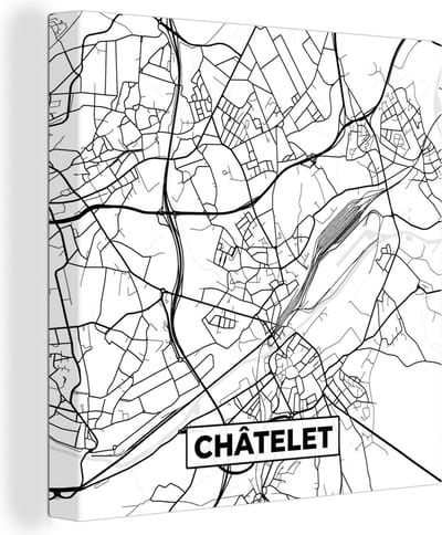 Canvas Schilderij België – Châtelet – Stadskaart – Kaart – Zwart Wit – Plattegrond - 20x20 cm - Wanddecoratie
