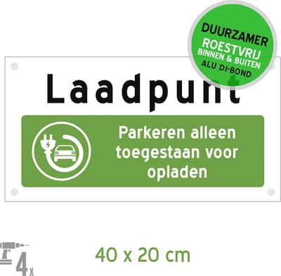 Pictogram/ bord Dibond + boorgaten | "Laadpunt - Parkeren alleen toegestaan voor opladen" | 40 x 20 cm | Laadpaal | Oplaadstation | Auto opladen | Roestvrij | 1 stuk