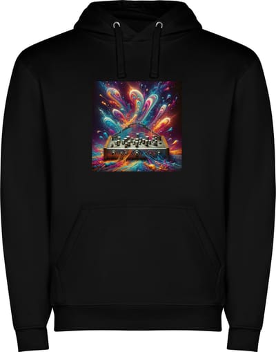 Zwarte unisex hoodie met “ Kleurrijke Mengpaneel – Muziek – Feest – Snaarinstrument “ Print Full Color Color merk Roly maat S