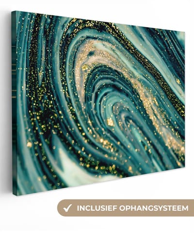 Canvas schilderij 80x60 cm - Wanddecoratie Marmerlook - Luxe - Goud - Turquoise - Glitter - Muurdecoratie woonkamer - Slaapkamer decoratie - Kamer accessoires - Schilderijen op canvas