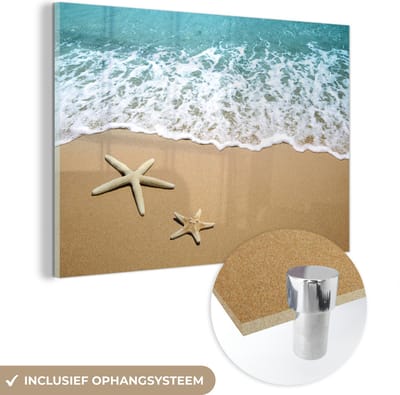 MuchoWow® Glasschilderij 120x80 cm - Schilderij acrylglas - Zeester - Strand - Zee - Foto op glas - Muurdecoratie woonkamer - Wanddecoratie slaapkamer - Schilderijen