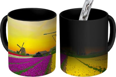 Magische Mok - Foto op Warmte Mokken - Koffiemok - Windmolen - Tulpen - Bloemen - Lente - Magic Mok - Beker - 350 ML - Theemok