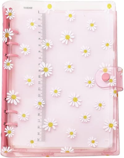 carmdering - Ringmap A5 voor notitieboek, transparante waterdichte pvc-hoezen, navulbaar - 6-rings - Met drukknoopsluiting - Madeliefje design -1 artikel-roze
