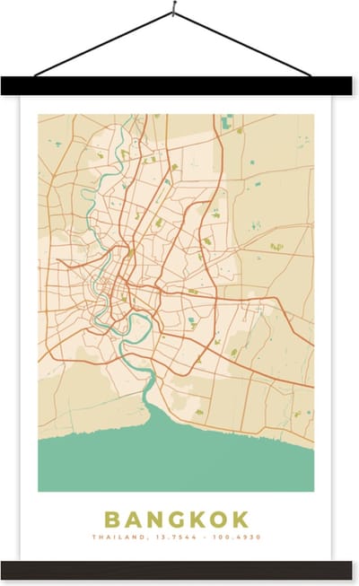 Posterhanger incl. Poster 40x60 cm - Schoolplaat - Bangkok - Plattegrond - Vintage - Stadskaart - Kaart - Textielposter - Zwarte latten - Stadskaart