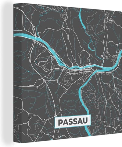 Canvas Schilderij Kaart – Plattegrond – Stadskaart – Passau – Duitsland – Blauw - 20x20 cm - Wanddecoratie