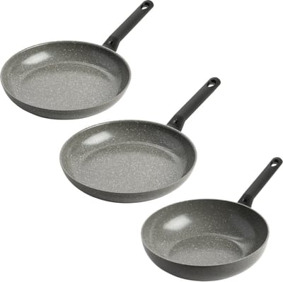 BK Granite Ceramic keramische pannenset 3‑delig – koekenpan 28cm, koekenpan 30cm & wokpan 28cm (3.7L) – inductie pannenset – ovenbestendig tot 160°C – koudgreep – PFAS‑vrij – Grijs