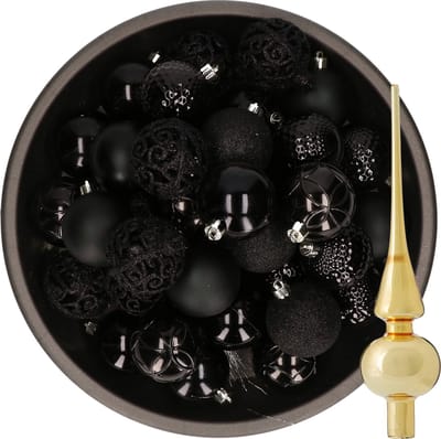 Decoris Kerstballen - 37x stuks - 6 cm - zwart - kunststof - incl. glazen piek glans goud
