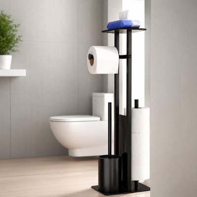Dutchers® Staande Toiletpapierhouder met Plankje - WC Rolhouder met WC Borstel - Toiletrolhouder Staand - Vrijstaand Zonder Boren - Reserverolhouder - Met Glazen Plank - Voor 3 Reserves - RVS Mat Zwart - Toilethouder Standaard - Badkamer Organizer