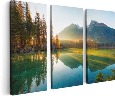 Artaza Canvas Schilderij Drieluik Zonsopgang Bij Het Meer In De Herfst - 120x80 - Foto Op Canvas - Canvas Print