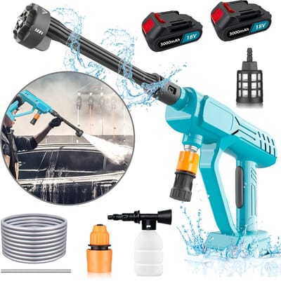 Draadloze hogedruk reinigingsgun 18V, 6‑in‑1 spuitkop, set met 2 stuks accu’s van 3000mAh, waterslang en volledige accessoires, EU‑oplader voor auto, terras en tuinreiniging