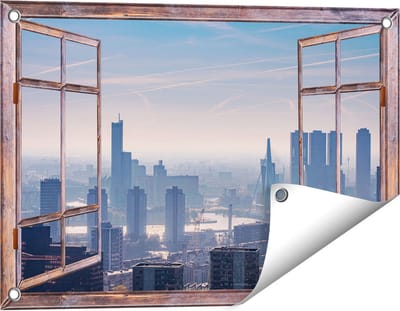 Gards Tuinposter Doorkijk Rotterdamse Skyline - 60x40 cm - Tuindoek - Tuindecoratie - Wanddecoratie buiten - Tuinschilderij