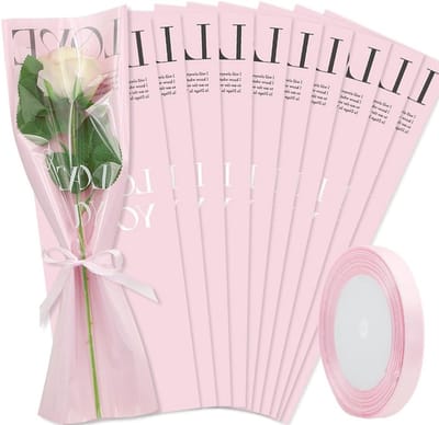 Rozenverpakking met Ribbons voor Bruiloften, Verjaardagen en Moederdag - 40x14cm, Roze Bloemen Tassen met Liefde Print