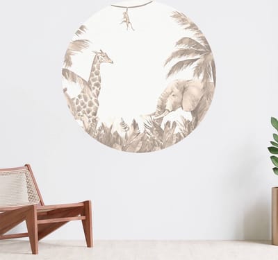 Muurcirkel zelfklevend behang - Verschillende jungle dieren in taupe - Wanddecoratie - 080cm behangcirkel - Ronde sticker voor aan de muur - Behangsticker verkrijgbaar in verschillende formaten