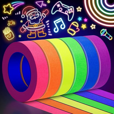 Plakband, 6 kleuren, 12 m x 1,5 cm, fluorescerende kleuren, uv-blacklight, glow in the dark tape voor uv-party, markering, geen resten, verpakking van 6 stuks