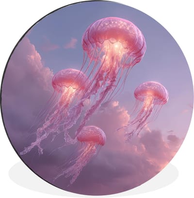 WallCircle - Wandcirkel - Muurcirkel - Kwallen - Roze - Wolken - Aluminium - Dibond - 30x30 cm - Binnen en Buiten