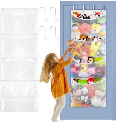 Hangende opbergtas - Over de deur hangende wandorganizer - TENZHVXI® - 4 vakken, 4 haken, ophangbaar, mobiel, grote gaasvakken - Ruimtebesparend - Oxford-stof - 165x61cm - Wit