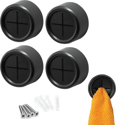 Set van 4 keukenhanddoekhouders, zelfklevend, voor het ophangen van theedoeken, rond, zwart, mat, handdoekhouder zonder boren, voor badkamer, huis en keuken, haken voor keuken, theedoeken (4,2 x 2,2