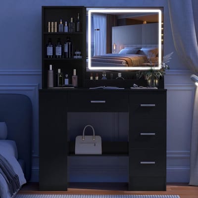 Luxe LED Make-up Kaptafel met Spiegel en Verlichting, Zwart met 4 Lades en Opbergruimte 90 cm – Modern Schminktafel met Side Cabinet en Nachtkast Functie 40x90x132 cm