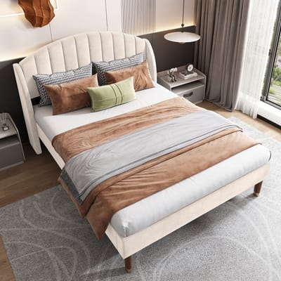 DESMIU Gestoffeerd Bed 140x200cm – Tijdloos Design – Met Houten Lattenbodem En Hoofdbord – Voor Slaapkamer En Jeugdkamer – Samt – Beige – Zonder Matras