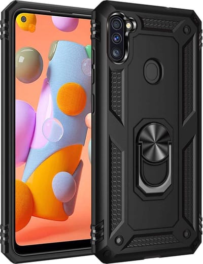 HB Hoesje Geschikt voor Samsung Galaxy M11 Zwart - Anti-Shock Hybrid Armor Back Cover - Hoes met Kickstand Ring