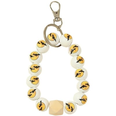 1pc Halloween Thanksgiving Porte-clés Perle en Bois Chauve-souris Clair de Lune, Porte-clés à Perles Chauve-souris Corde, Cadeau Halloween Thanksgiving pour Amis Pack of 1 white
