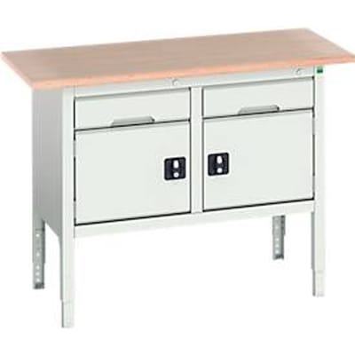 Werkbank Bott verso, multiplexplaat, 2 laden en 2 deuren, B 1500 x D 600 x H 830 - 930 mm, RAL 7035 lichtgrijs