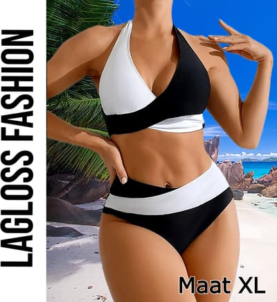 LaGloss® Stijlvolle Bikini Set Dames – Zwart Wit Design – Tweedelig & Hoog Gesneden – Maat XL