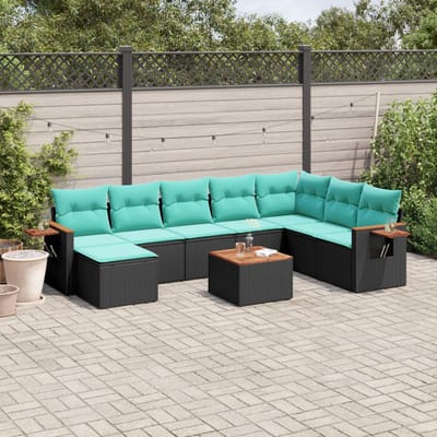 vidaXL - 9-delige - Loungeset - met - kussens - poly - rattan - zwart