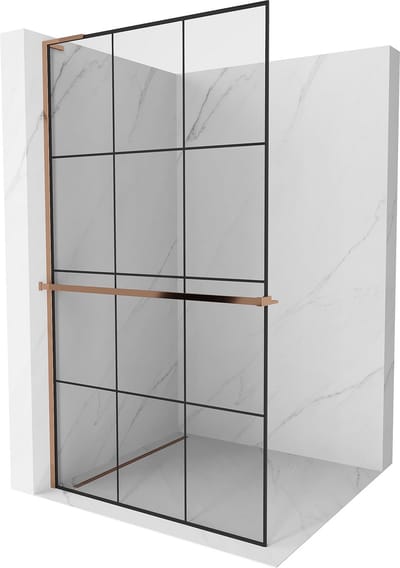 Mexen Kioto+ L douchewand met plank Walk-in 100 x 200 , zwart raster, roze goud - 800-100-123-60-77
