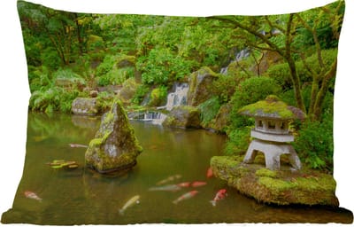 Buitenkussens - Tuin - Waterval - Koi - Japanse lantaarn - Mos - Water - 50x30 cm
