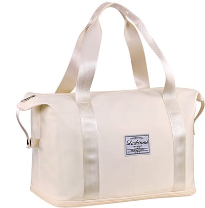 Deze draagtas heeft aparte vakken voor natte en droge spullen en is uitbreidbaar. Het is een praktische sporttas- reistas of handbagage- met afmetingen van 39x21x30 cm (42 cm uitgevouwen) in gebroken wit.