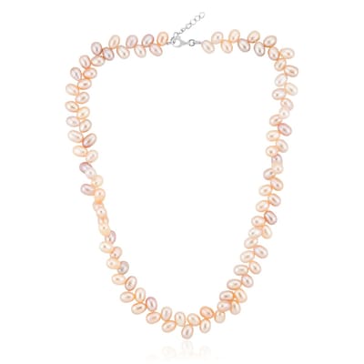 Cavill - Zilveren Halsketting - 925 Sterling Zilver Gerhodineerd - Oranje Zoetwaterkweekparel met Fancy Slijpsel - Verstelbare Elegante Parels 45 cm