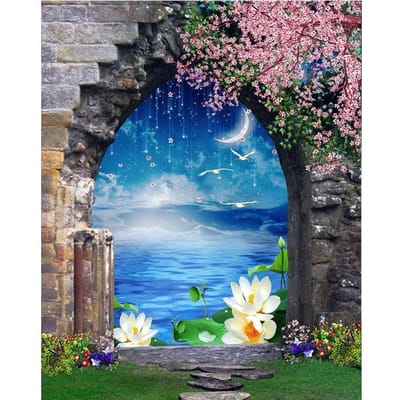 Diamant schilderij kruis handwerk rond vol met de afbeelding kruissteek  Deur tot zee & witte lotus 20X30CM blue