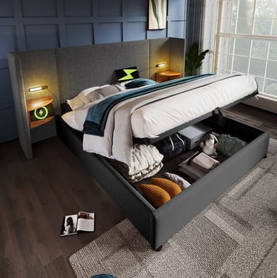 MEUNIQ gestoffeerd tweepersoons bed 160x200 met opbergruimte, leeslampen, USB en Type-C, lattenbodem en hoofdbord met plank voor slaapkamer, grijs
