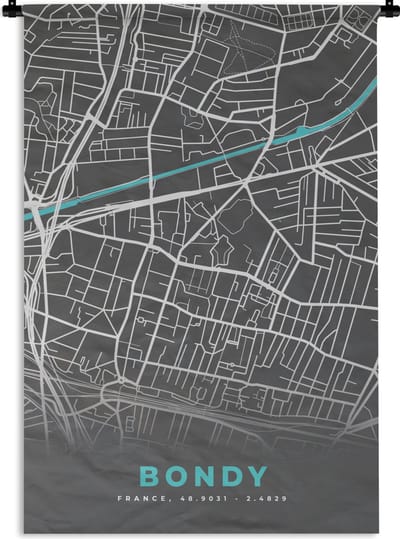 Wandkleed - Wanddoek - Bondy - Frankrijk - Plattegrond - Kaart - Stadskaart. - 120x180 cm - Wandtapijt