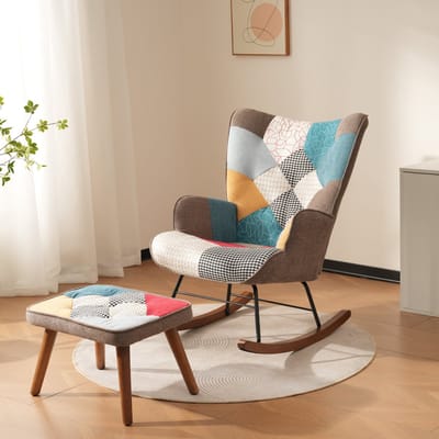 HAUSS SPOLE Schommelstoel Met Voetenbankje - Comfortabel Gewatteerd Design Met Rugkussen - Voor Woonkamer En Leeshoek - Massief Hout En Metaal - Veelkleurig