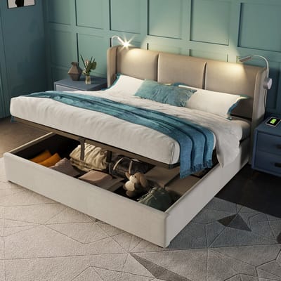 MODFU Gestoffeerd Tweepersoonsbed – 160x200 cm – Leeslamp & USB – Opbergruimte – Linnen – Beige