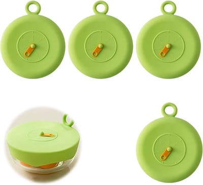 Famanu – 4 stuks siliconen deksels - rekbaar - rekbare vershoudkappen - BPA-vrij - vershouddeksel - rond - met meetschaal en extra scheurvastheid - voor bekers - glazen - drankblikjes - groen