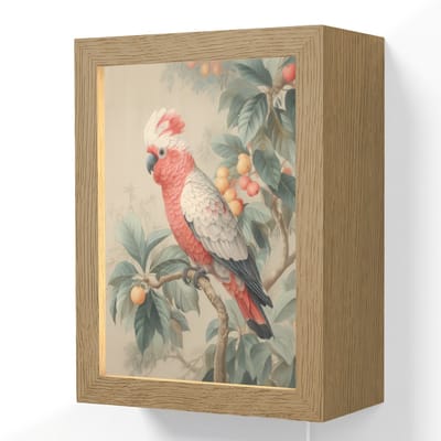 Wandlamp 15x20 cm - Oplaadbaar - Roze kuifkaketoe - Tak met vruchten - Bladeren - Wandlampen binnen woonkamer - Slaapkamer lamp met kabel - Decoratieve nachtlamp - Vloerlamp snoer