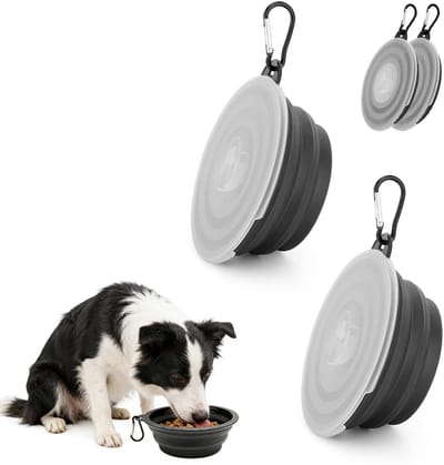 Dailygoods - 2 stuks opvouwbare siliconen waterbak voor katten en honden – draagbare voer- en drinkbak met deksel en karabijnhaak – reisvriendelijke huisdierkom (zwart, klein, 350 ml)